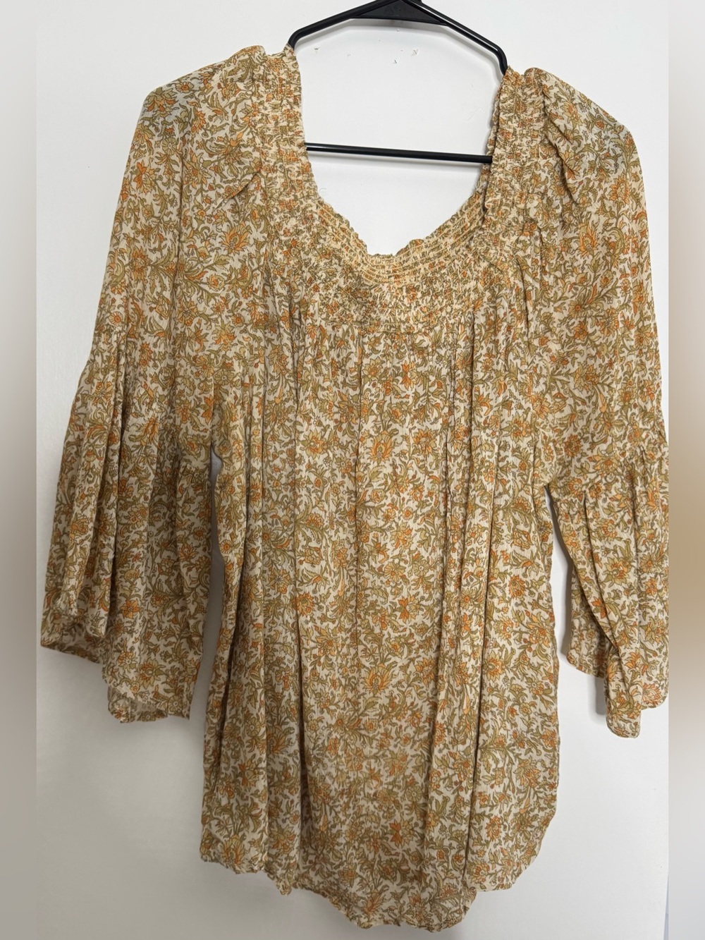 Chaps Mustard and Cream Floral Smocked Peasant Blouse size xl 100% cotton flowy